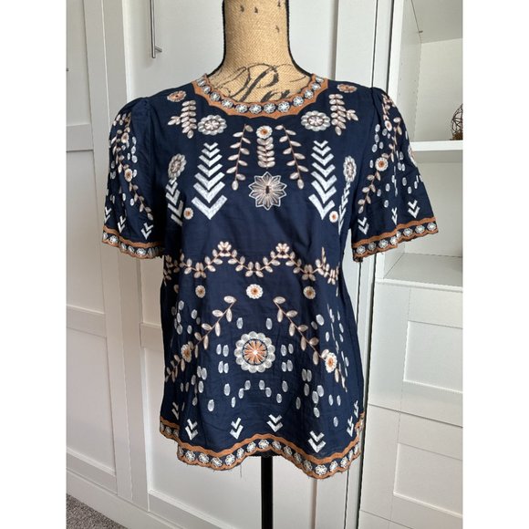 Boutique Embroidered Boho Short Sleeve Blouse - Picture 1 of 3